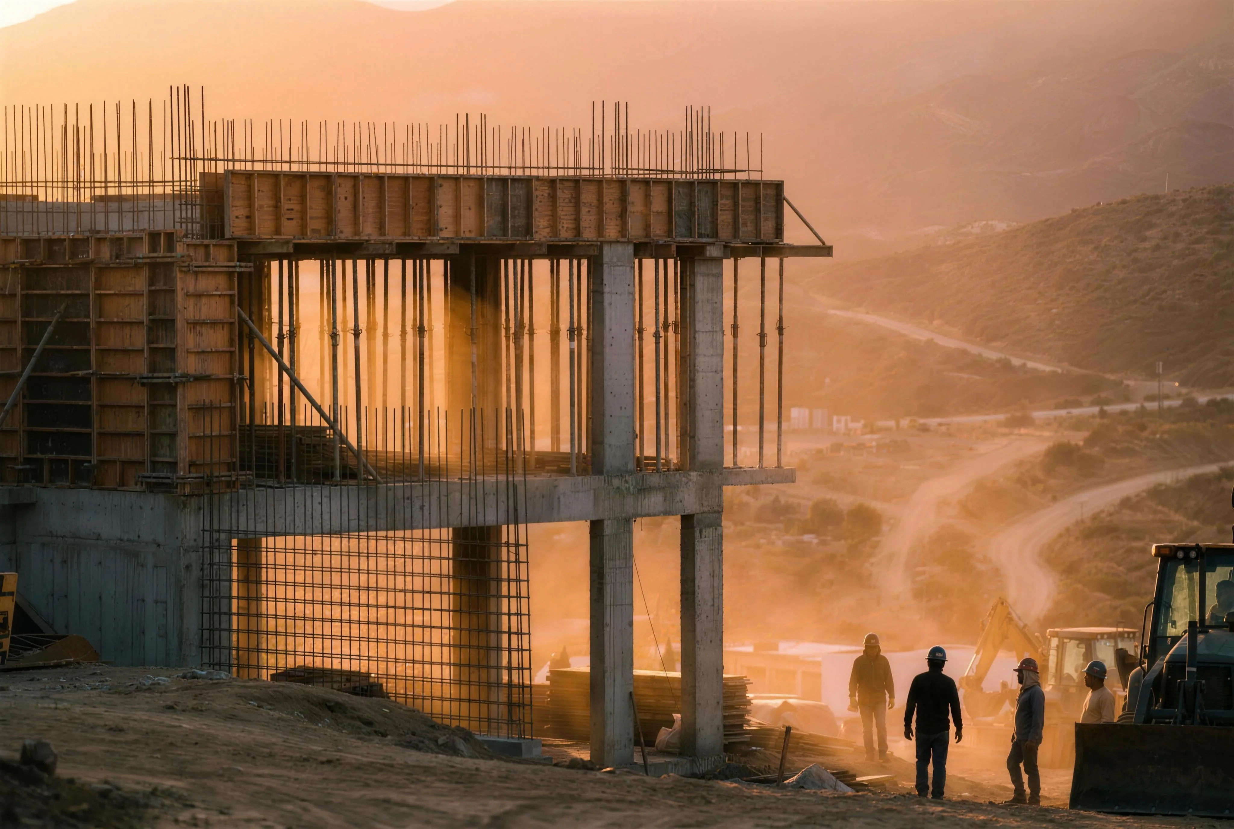 Estructura de concreto de vivienda residencial en construcción al atardecer