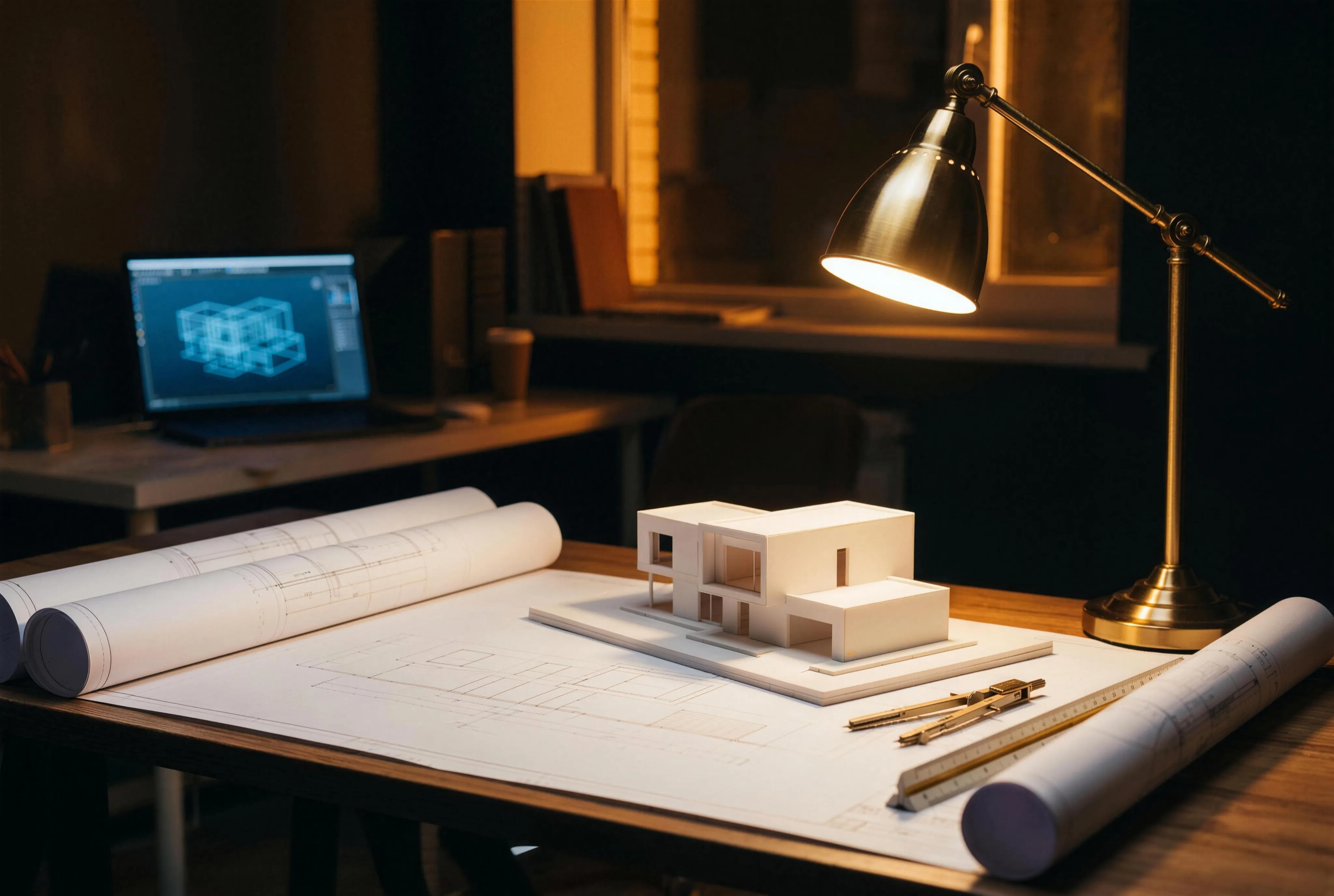 Mesa de trabajo arquitectónico con planos y maqueta iluminada